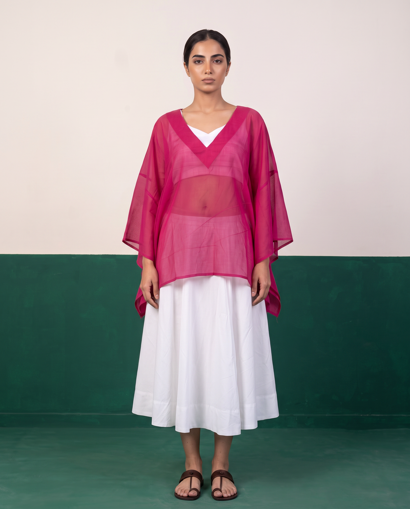 Sheer Magenta Kaftan Top & White Flared Midi Skirt Set