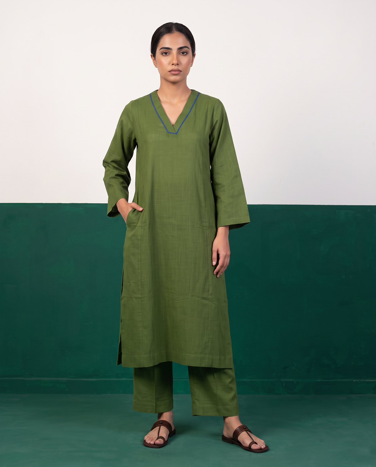 Moss Green Straight Kurta & Pants Set