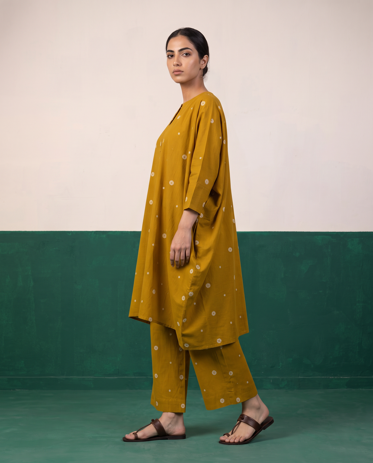 Mustard Floral Buti Kaftan Tunic & Wide-Leg Pants Co-ord Set