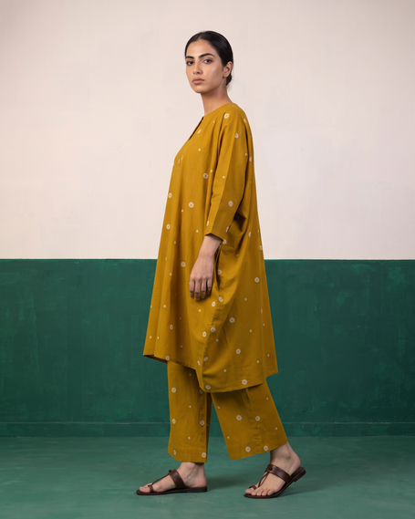 Mustard Floral Buti Kaftan Tunic & Wide-Leg Pants Co-ord Set