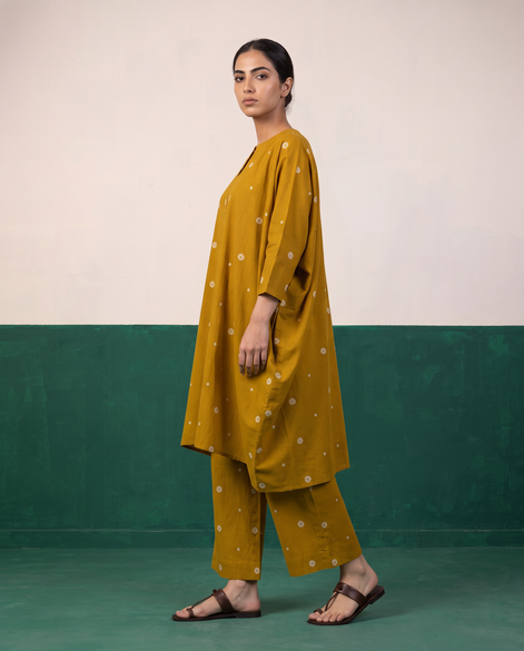 Mustard Floral Buti Kaftan Tunic & Wide-Leg Pants Co-ord Set