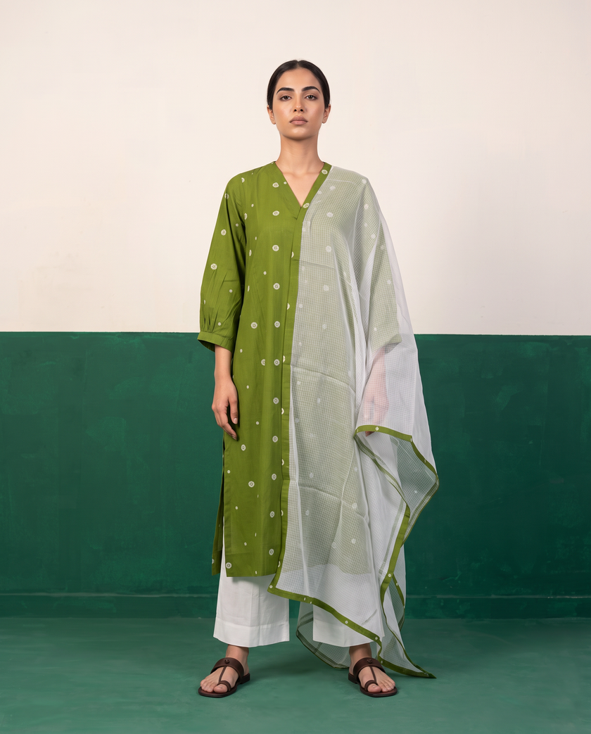 Green Printed Kurta, White Pants & Kota Doria Dupatta Set