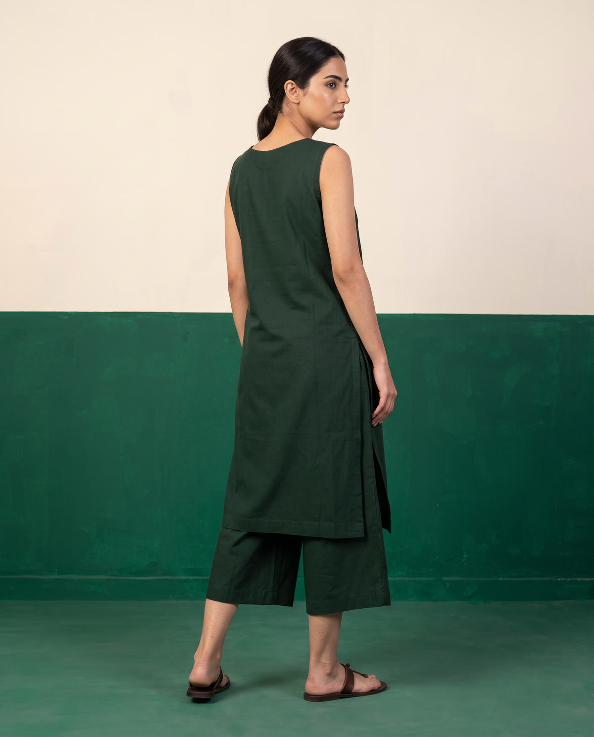 Forest Green Cotton Sleeveless Kurta & Culotte Set