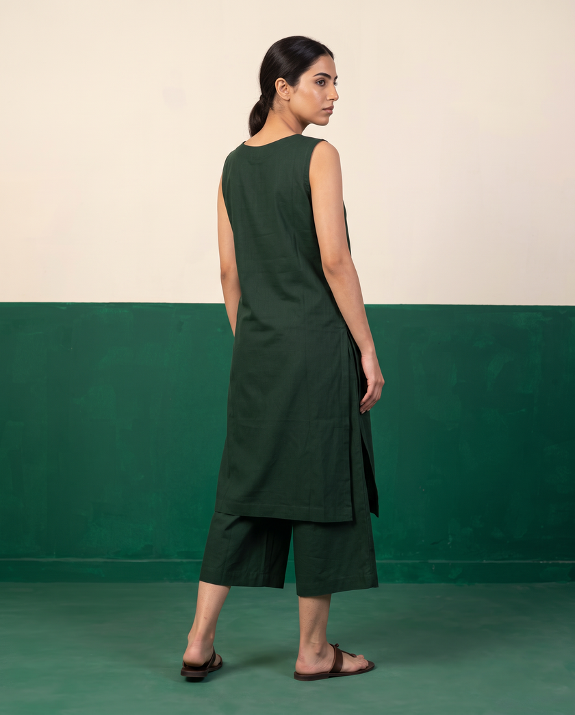 Forest Green Cotton Sleeveless Kurta & Culotte Set