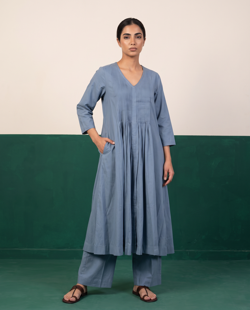 Slate Blue Pleated Kurta & Pants Set