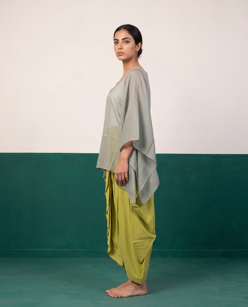 Sage Sheer Cotton Kaftan Top & Citron Dhoti Pants Set