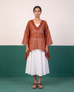 Sheer Rust Kaftan Top & White Flared Midi Skirt Set