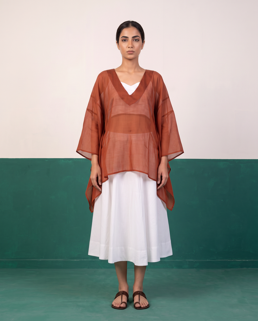 Sheer Rust Kaftan Top & White Flared Midi Skirt Set