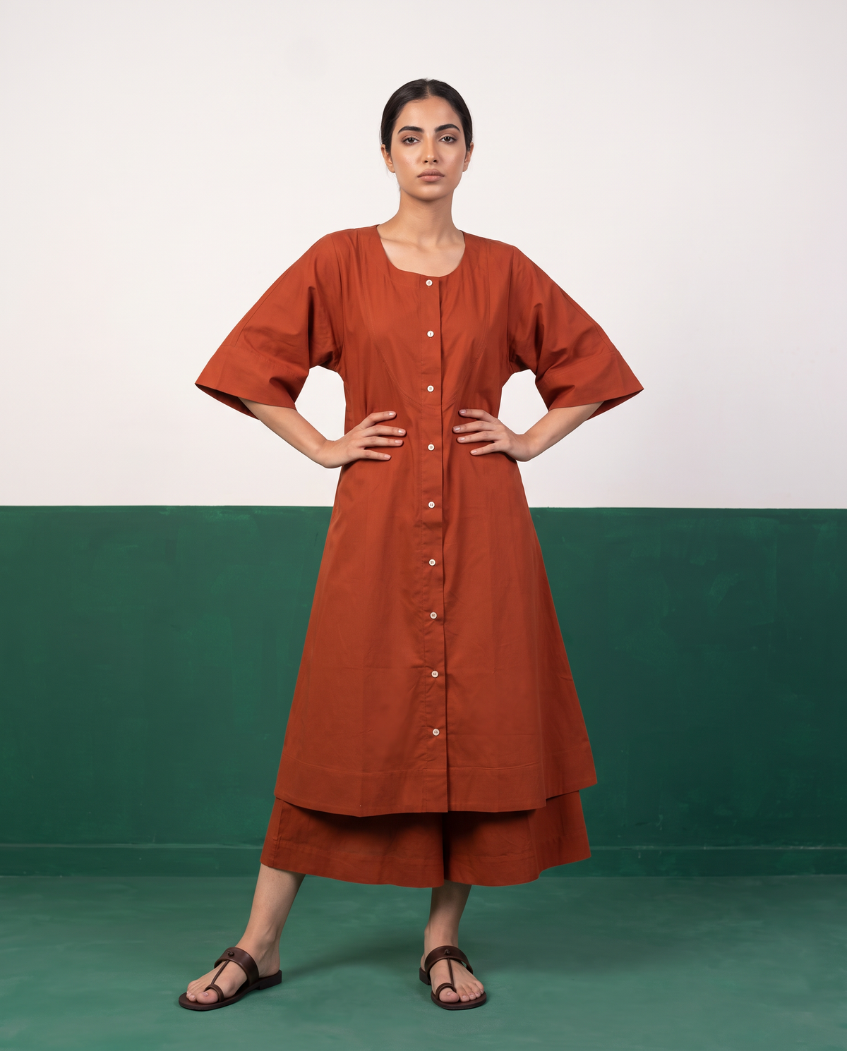 Rust Button-Down A-Line Kurta & Wide-Leg Culotte Co-ord Set