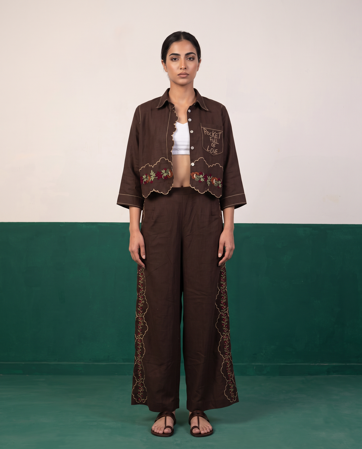 Brown Hand-Embroidered Cropped Jacket & Pants Set
