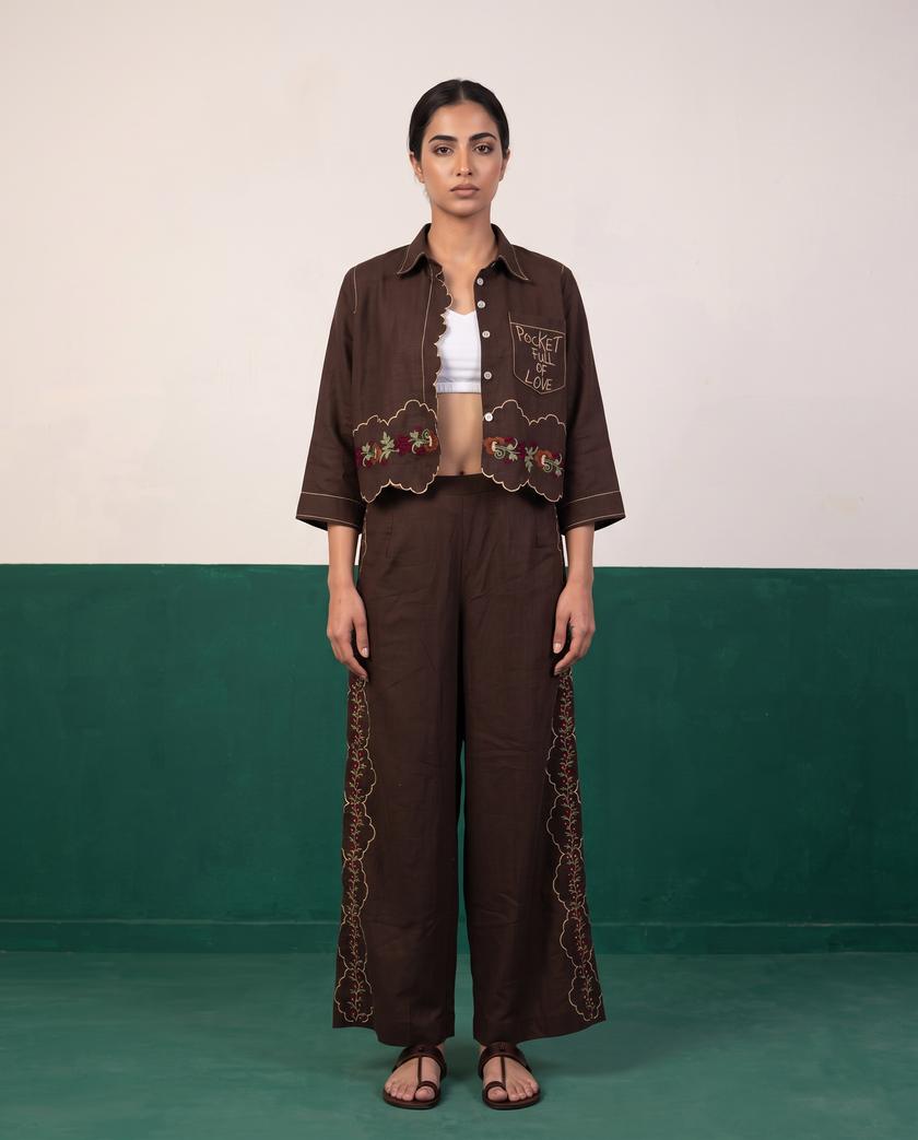 Brown Hand-Embroidered Cropped Jacket & Pants Set