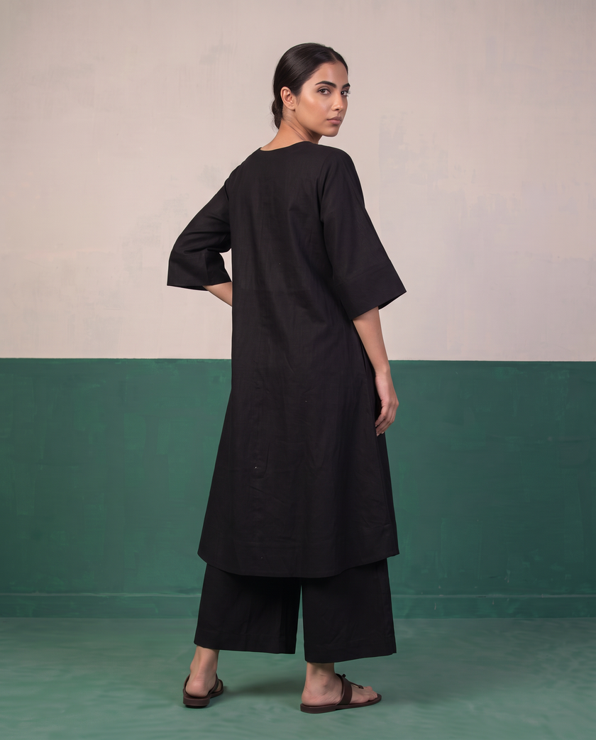 Black Button-Down A-Line Kurta & Wide-Leg Pants Co-ord Set