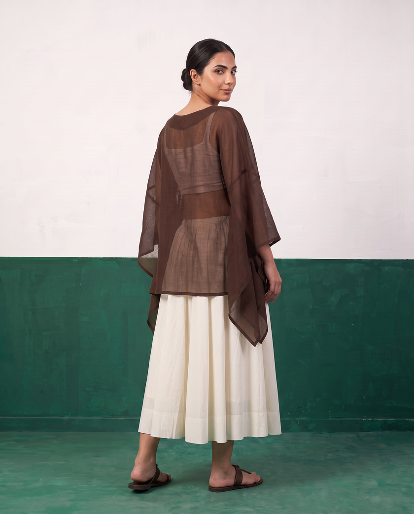 Sheer Chocolate Kaftan Top & Ivory Flared Midi Skirt Set