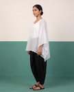 White Sheer Cotton Kaftan Top & Black Draped Skirt Set