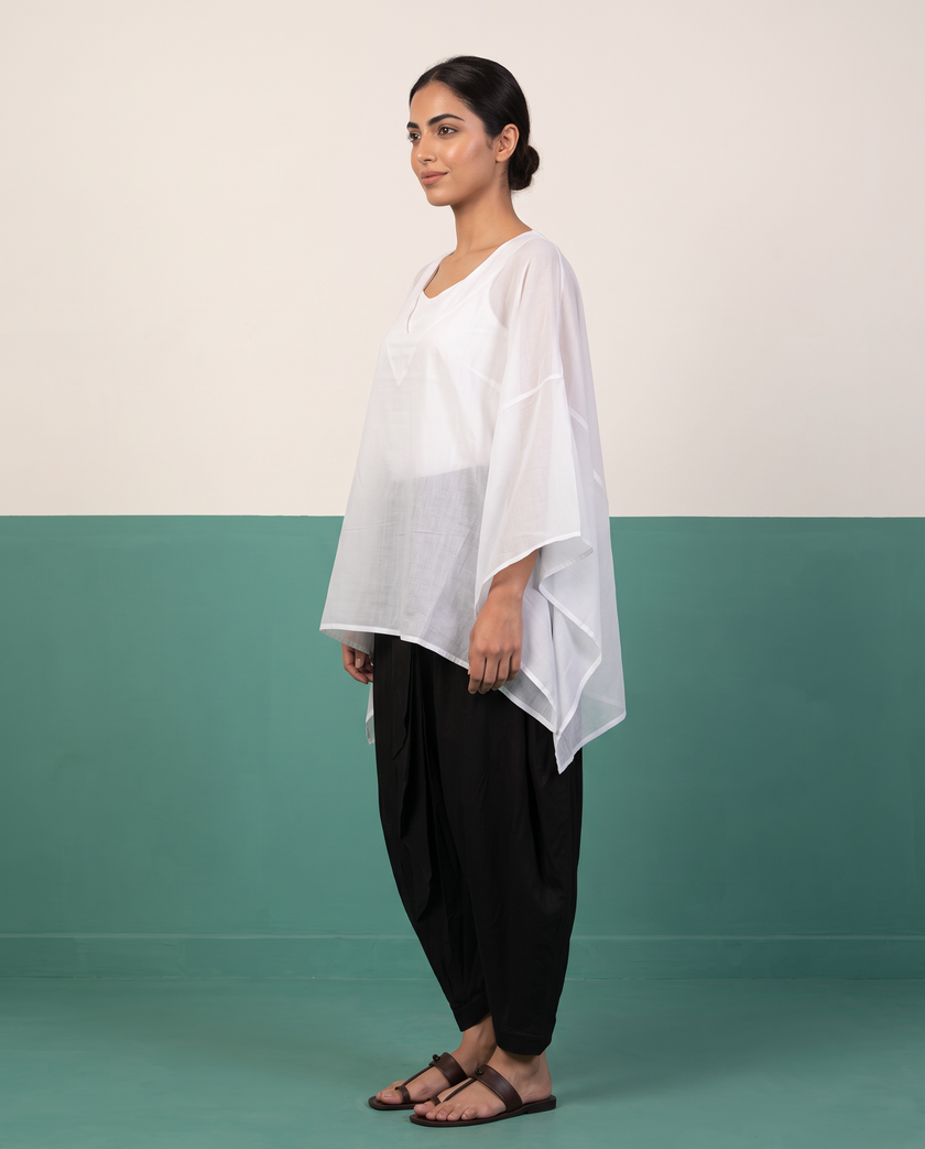 White Sheer Cotton Kaftan Top & Black Draped Skirt Set