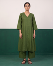 Olive Green Cotton Kurta & Wide-Leg Pants Set