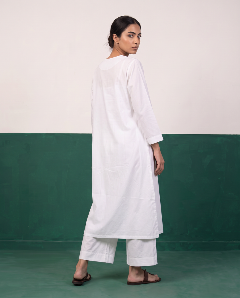White Notch-Neck A-Line Kurta & Wide-Leg Pants Co-ord Set