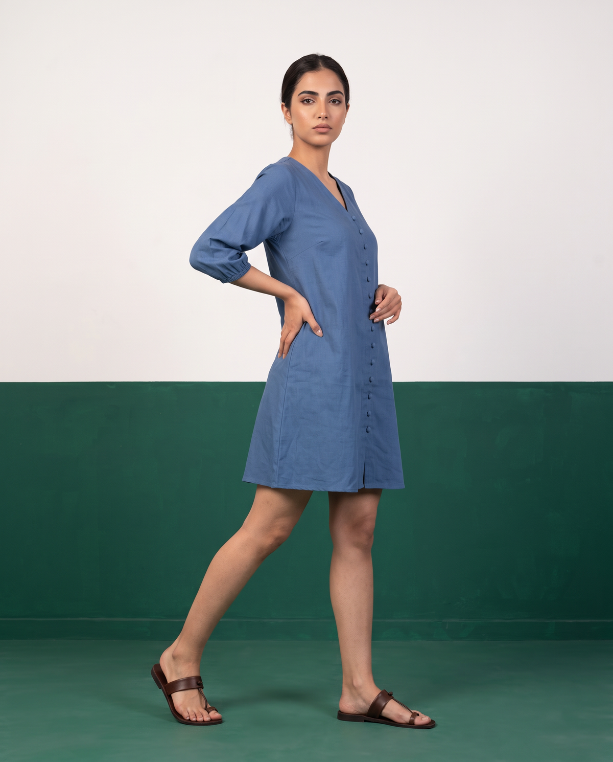 Cornflower Blue Button-Down Cotton Dress