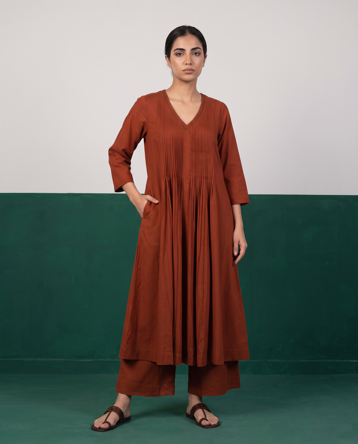 Rust Pleated Kurta & Pants Set