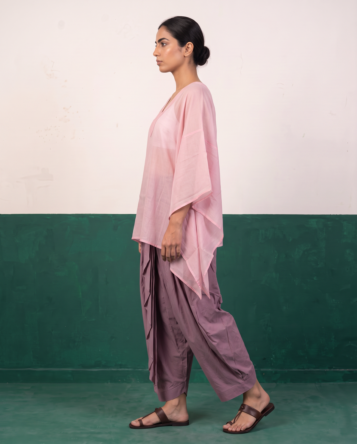 Pink Sheer Cotton Kaftan Top & Mauve Dhoti Pants Set