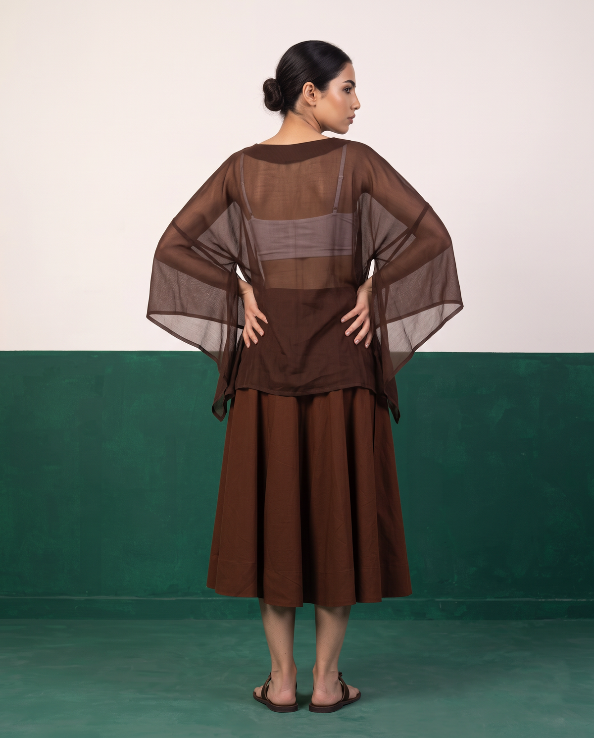 Chocolate Brown Sheer Kaftan Top & Flared Midi Skirt Set