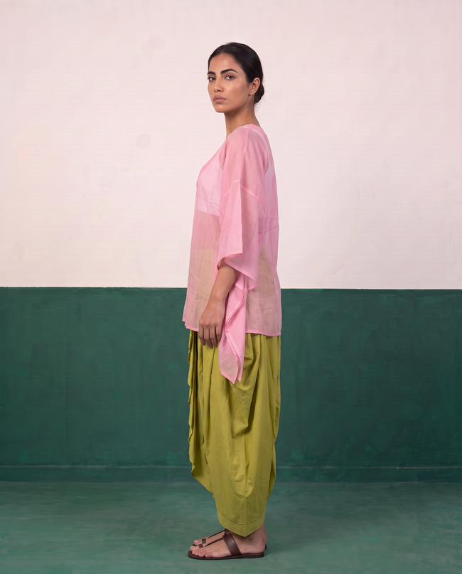 Pink Sheer Cotton Kaftan Top & Citron Dhoti Pants Set