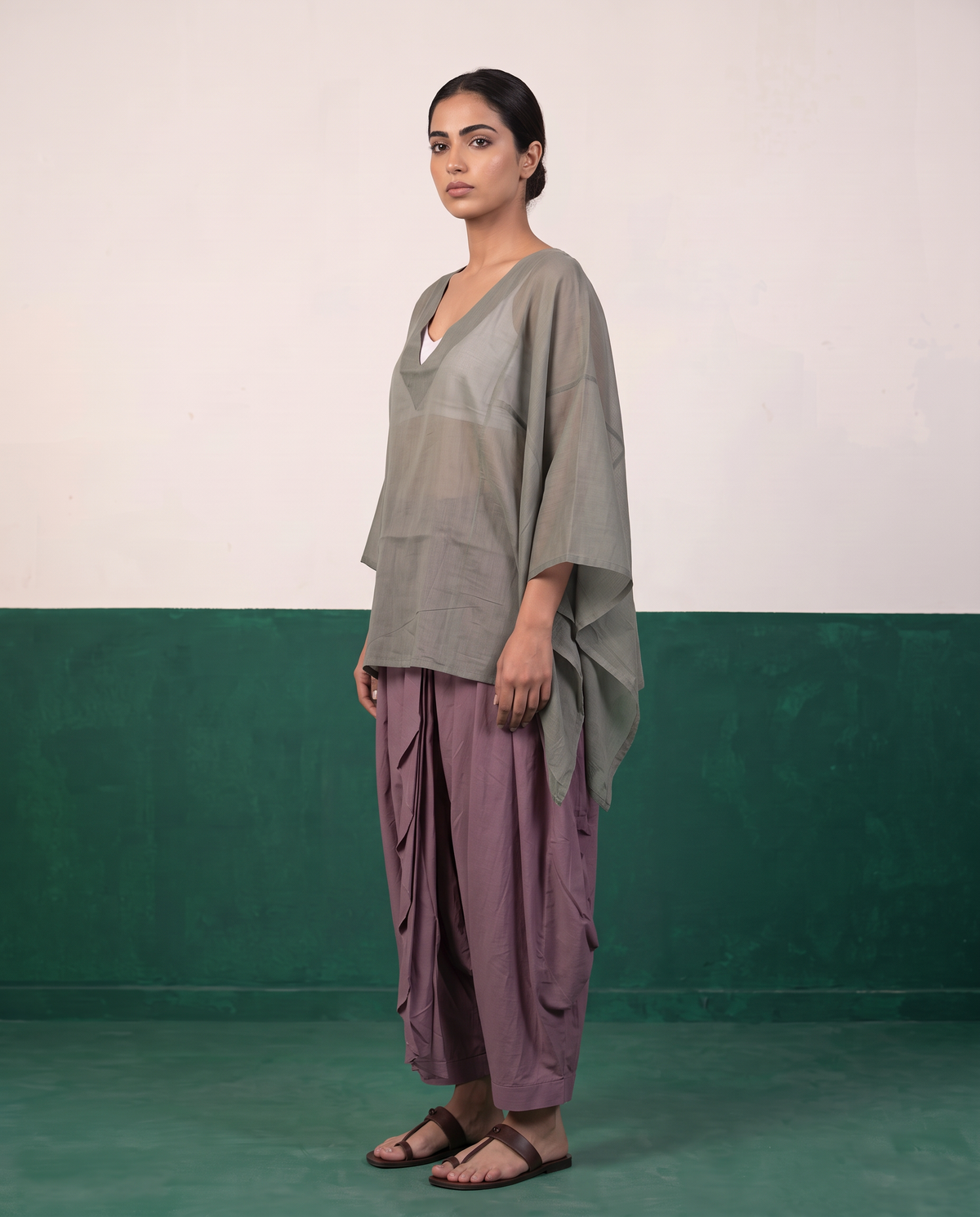 Sage Sheer Cotton Kaftan Top & Mauve Dhoti Pants Set