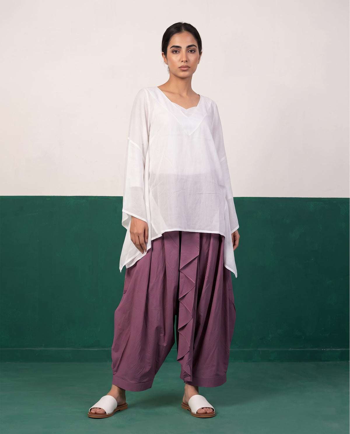 Ivory Mul Cotton Tunic & Mauve Dhoti Pants Set