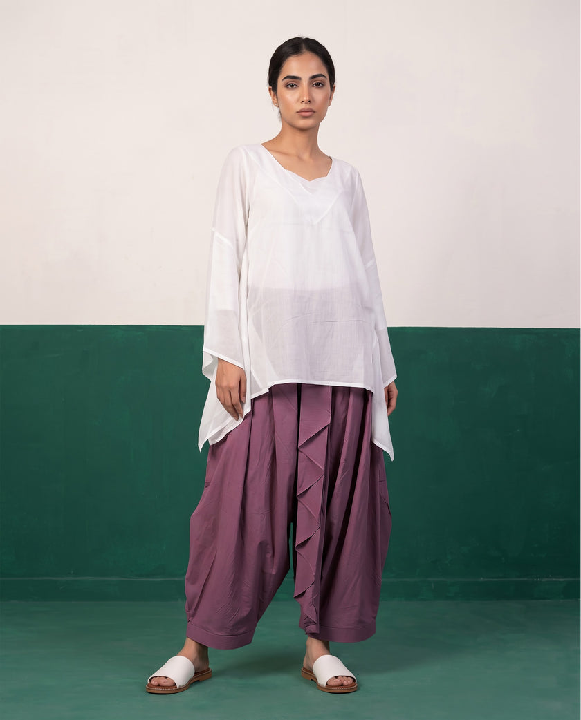 Ivory Mul Cotton Tunic & Mauve Dhoti Pants Set