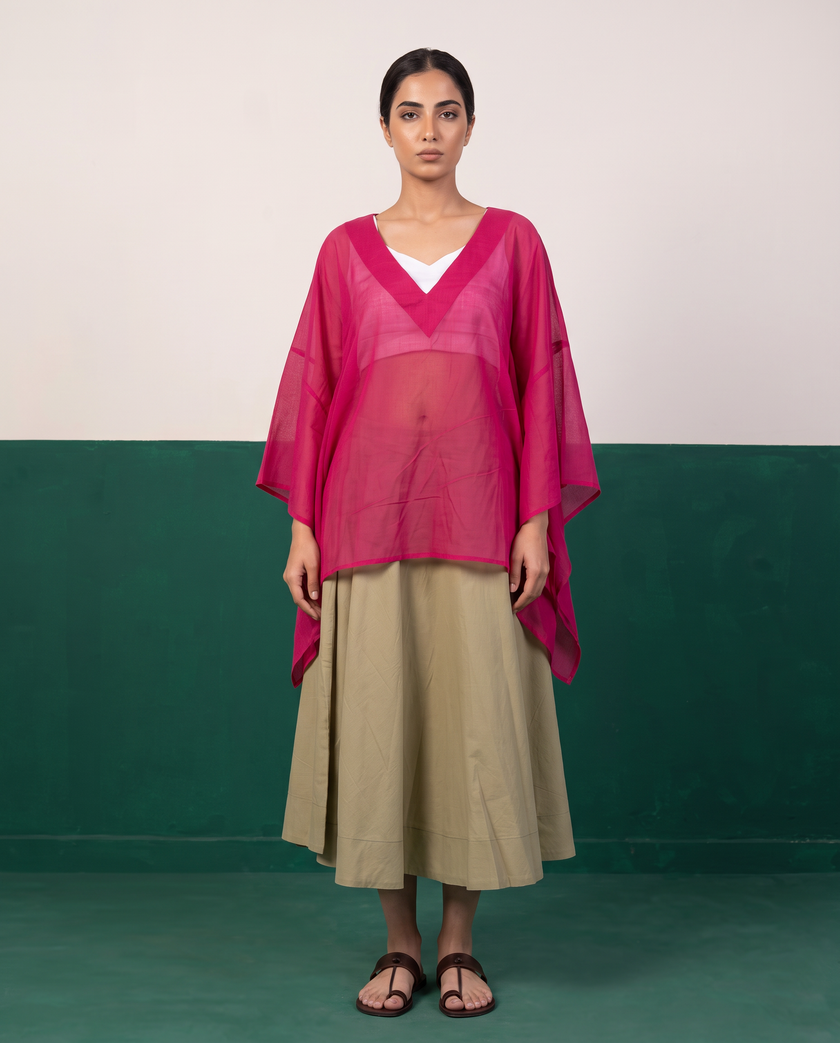 Sheer Magenta Kaftan Top & Khaki Flared Midi Skirt Set