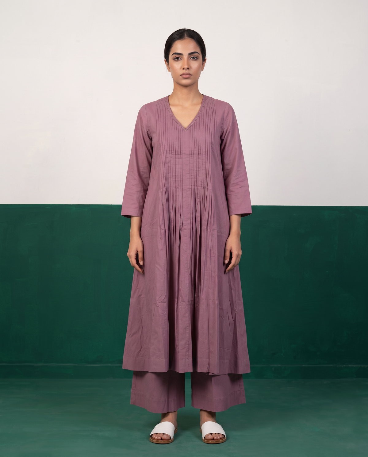 Mauve Pleated Pure Cotton Kurta Set