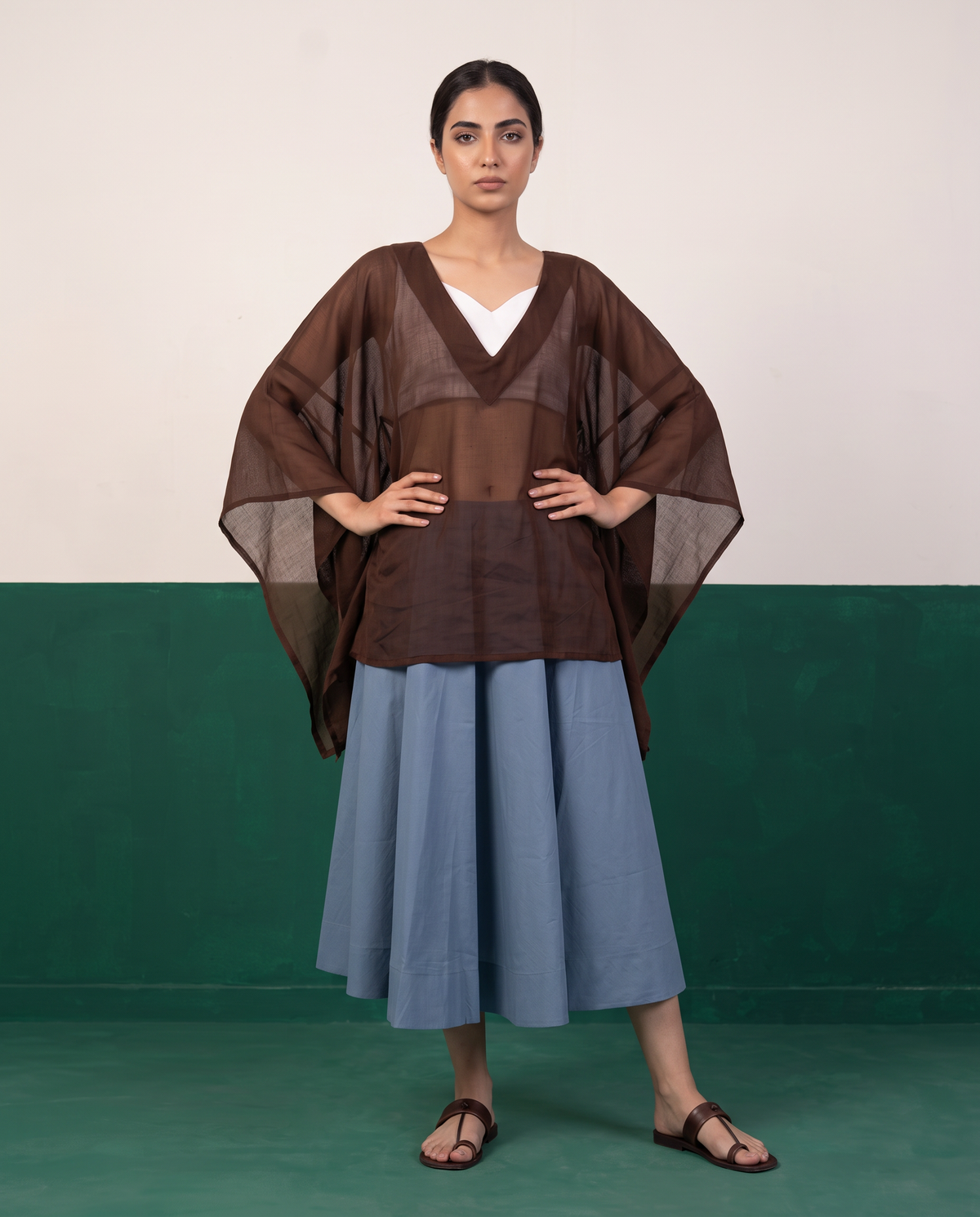 Sheer Chocolate Kaftan Top & Dusty Blue Flared Midi Skirt Set
