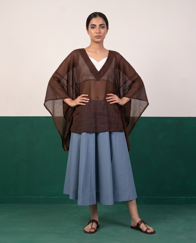 Sheer Chocolate Kaftan Top & Dusty Blue Flared Midi Skirt Set