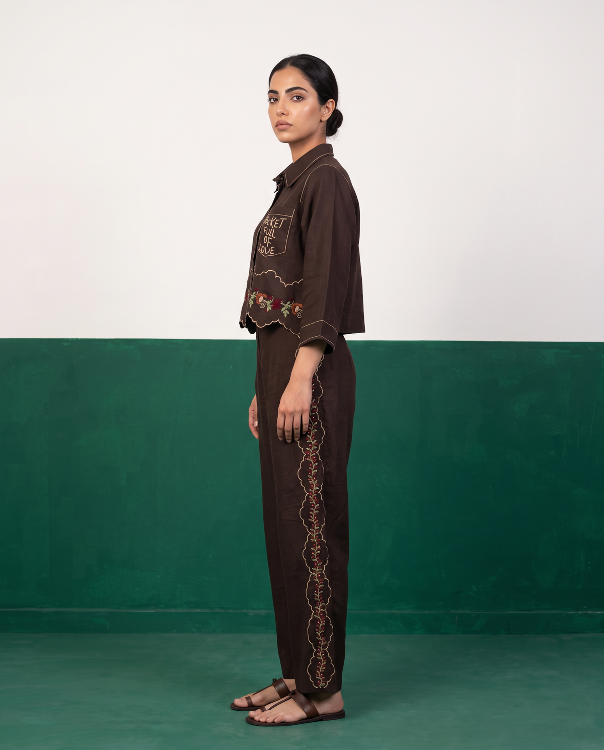Brown Hand-Embroidered Cropped Jacket & Pants Set