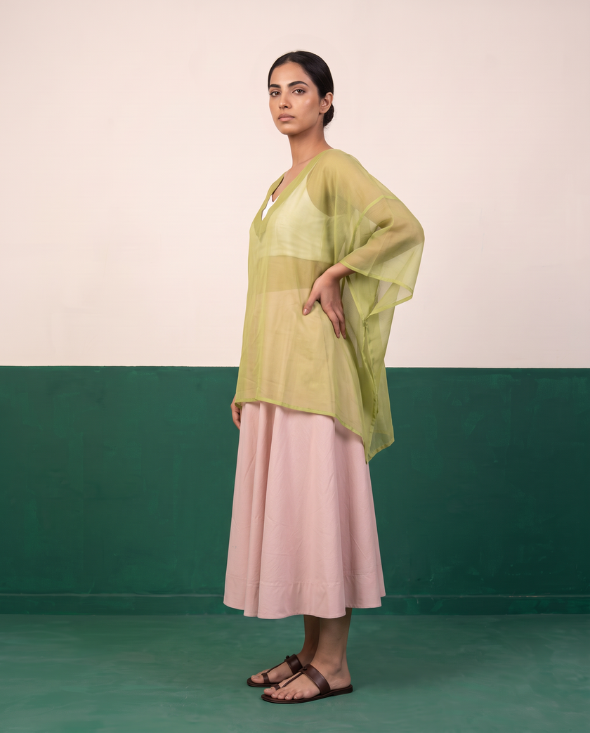 Sheer Pistachio Kaftan Top & Rose Pink Flared Midi Skirt Set