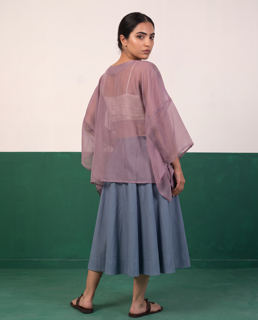 Sheer Mauve Kaftan Top & Dusty Blue Flared Midi Skirt Set