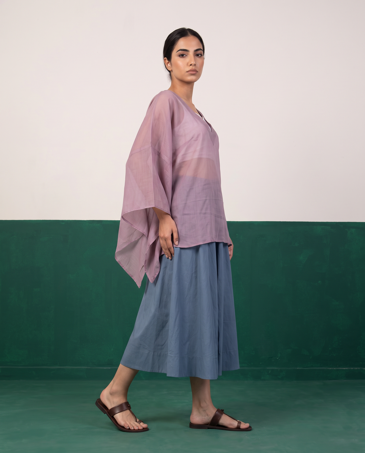 Sheer Mauve Kaftan Top & Dusty Blue Flared Midi Skirt Set