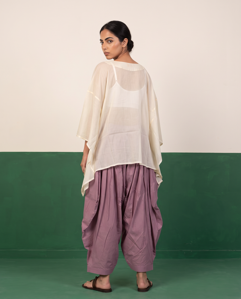 Ivory Sheer Cotton Kaftan Top & Mauve Dhoti Pants Set