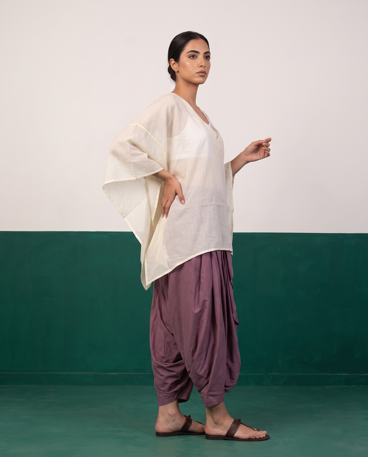 Ivory Sheer Cotton Kaftan Top & Mauve Dhoti Pants Set