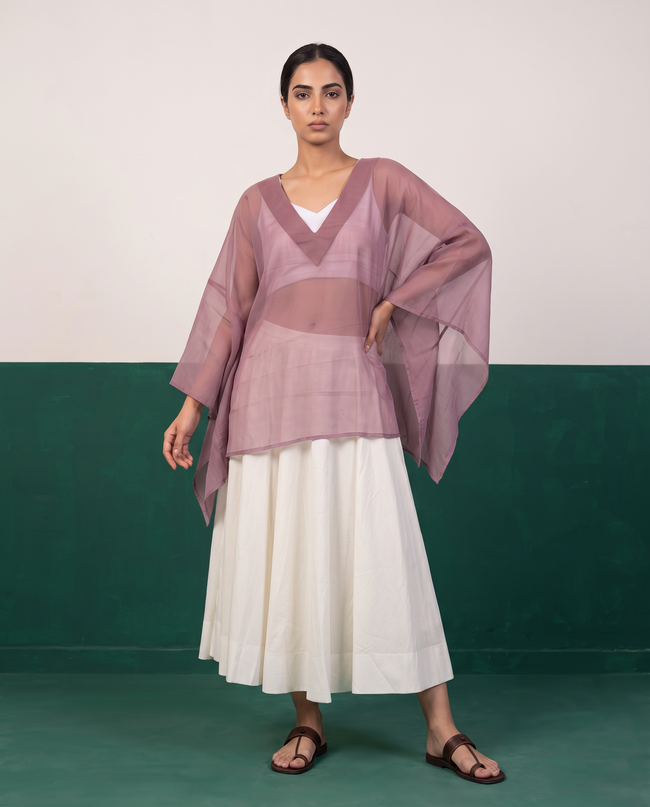 Sheer Mauve Kaftan Top & Ivory Flared Midi Skirt Set