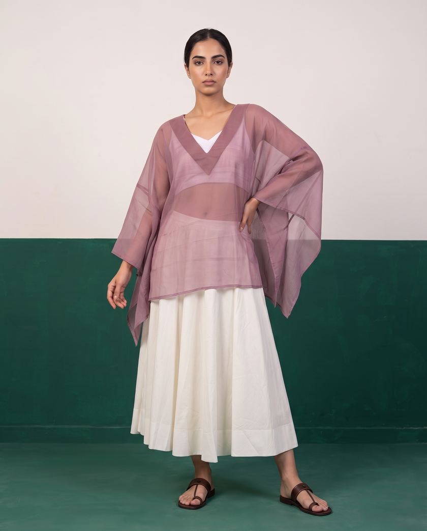 Sheer Mauve Kaftan Top & Ivory Flared Midi Skirt Set