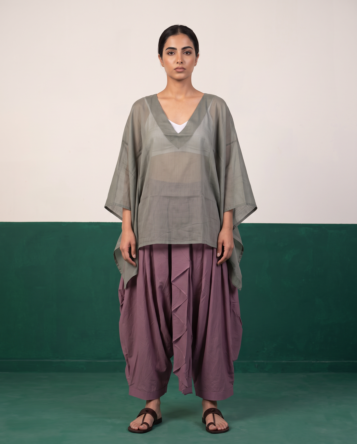 Sage Sheer Cotton Kaftan Top & Mauve Dhoti Pants Set