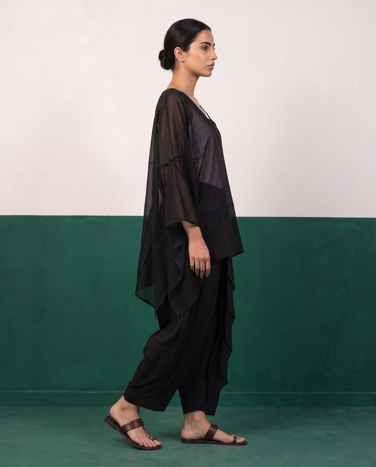 Black Sheer Cotton Kaftan Top & Draped Dhoti Pants Set