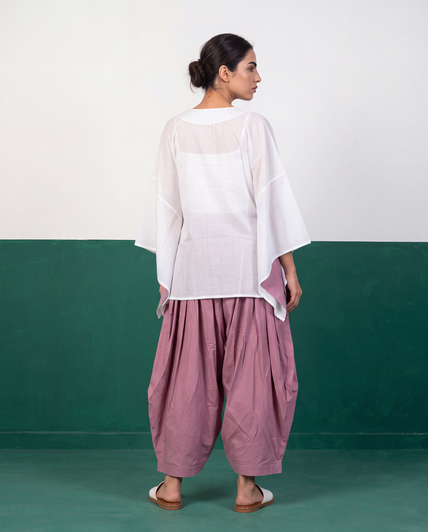 Ivory Mul Cotton Tunic & Mauve Dhoti Pants Set
