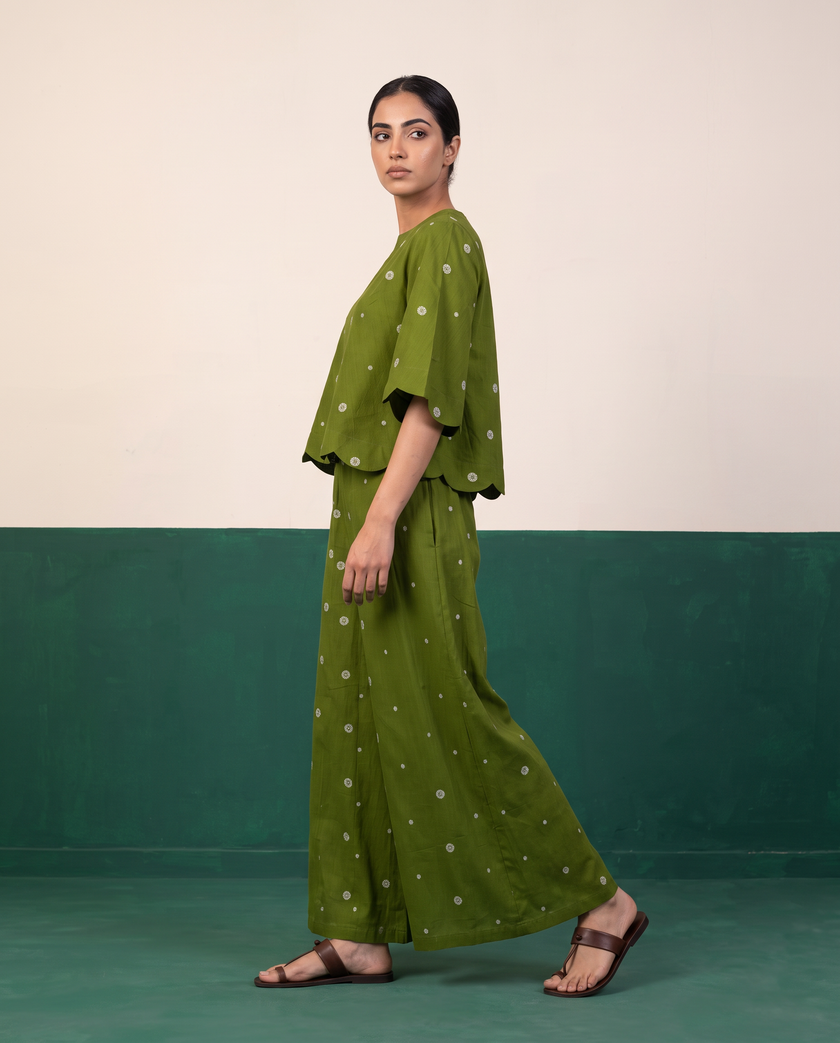 Green Printed Scalloped Top & Palazzo Set
