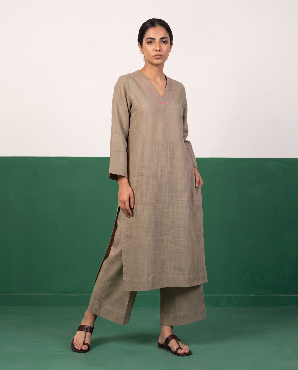 Taupe Straight Kurta & Pants Set