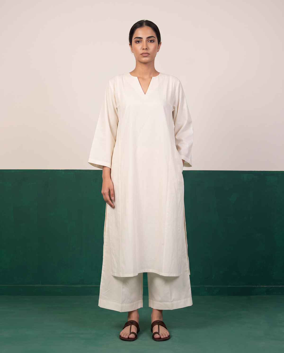 Ivory Notch-Neck A-Line Kurta & Wide-Leg Pants Co-ord Set