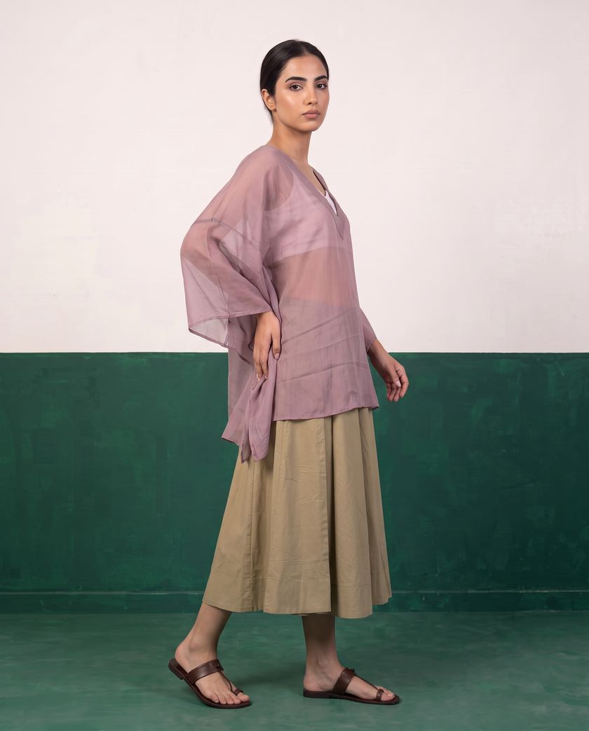 Sheer Mauve Kaftan Top & Khaki Flared Midi Skirt Set