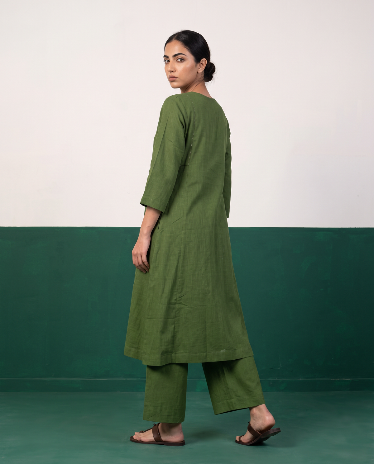 Olive Green Cotton Kurta & Wide-Leg Pants Set
