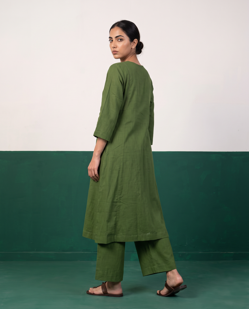 Olive Green Cotton Kurta & Wide-Leg Pants Set